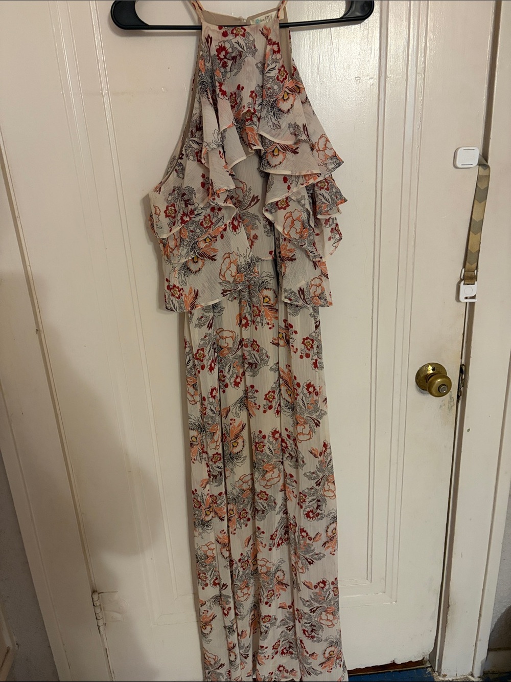 love, Fire Cream Floral Ruffle Maxi Dress